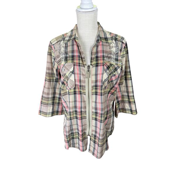 Harley-Davidson Plaid Half Sleeve Zip Up Shirt Women's XL Embroidered Logos Tan - Picture 2 of 11